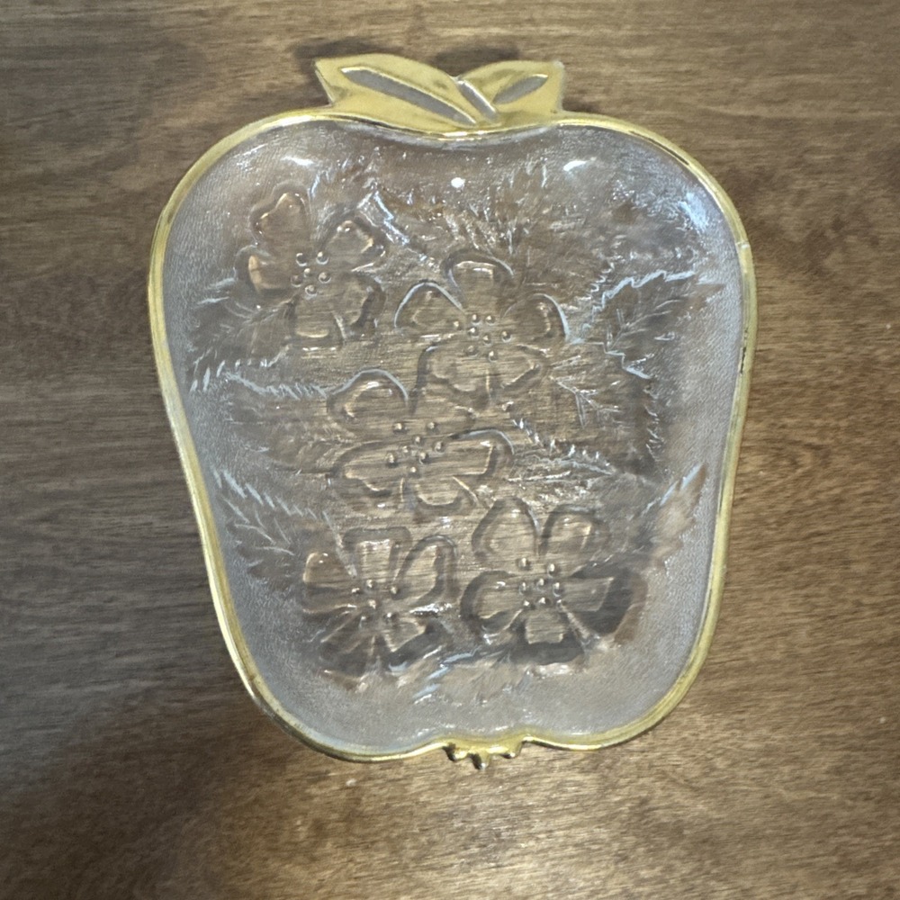 Vintage‎ Hazel Atlas Candy/ Trinket Dish Glass Gold Trim Apple Shaped Floral
